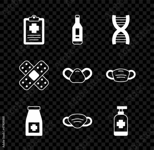 Set Patient record, Digital thermometer, DNA symbol, Medicine bottle and pills, Medical protective mask, Antibacterial soap, Crossed bandage plaster and icon. Vector