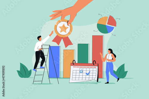Project management certification and performance standard tiny person concept. Quality check for work flow, efficiency