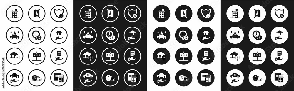 Set Shield with dollar, Time is money, Car sharing, House, Realtor, Online real estate, contract and icon. Vector Set Shield with dollar, Time is money, Car sharing, House, Realtor, Online real estate, contract and icon. Vector