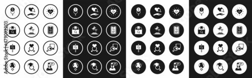Set Feminism, Female rights, vote, finance, Dating app, Heart with female gender, Book about women and Feminist activist icon. Vector