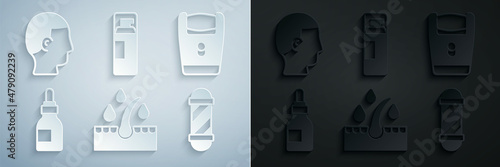 Set Oil for hair care treatment, Electric razor blade, bottle, Classic Barber shop pole, Shaving gel foam and Hairstyle icon. Vector
