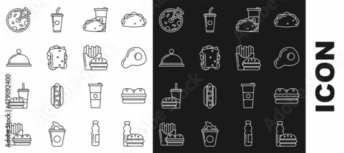 Set line Bottle of water and burger, Sandwich, Scrambled eggs, Paper glass taco with tortilla, Covered tray food, Pizza and Burger french fries in carton package box icon. Vector