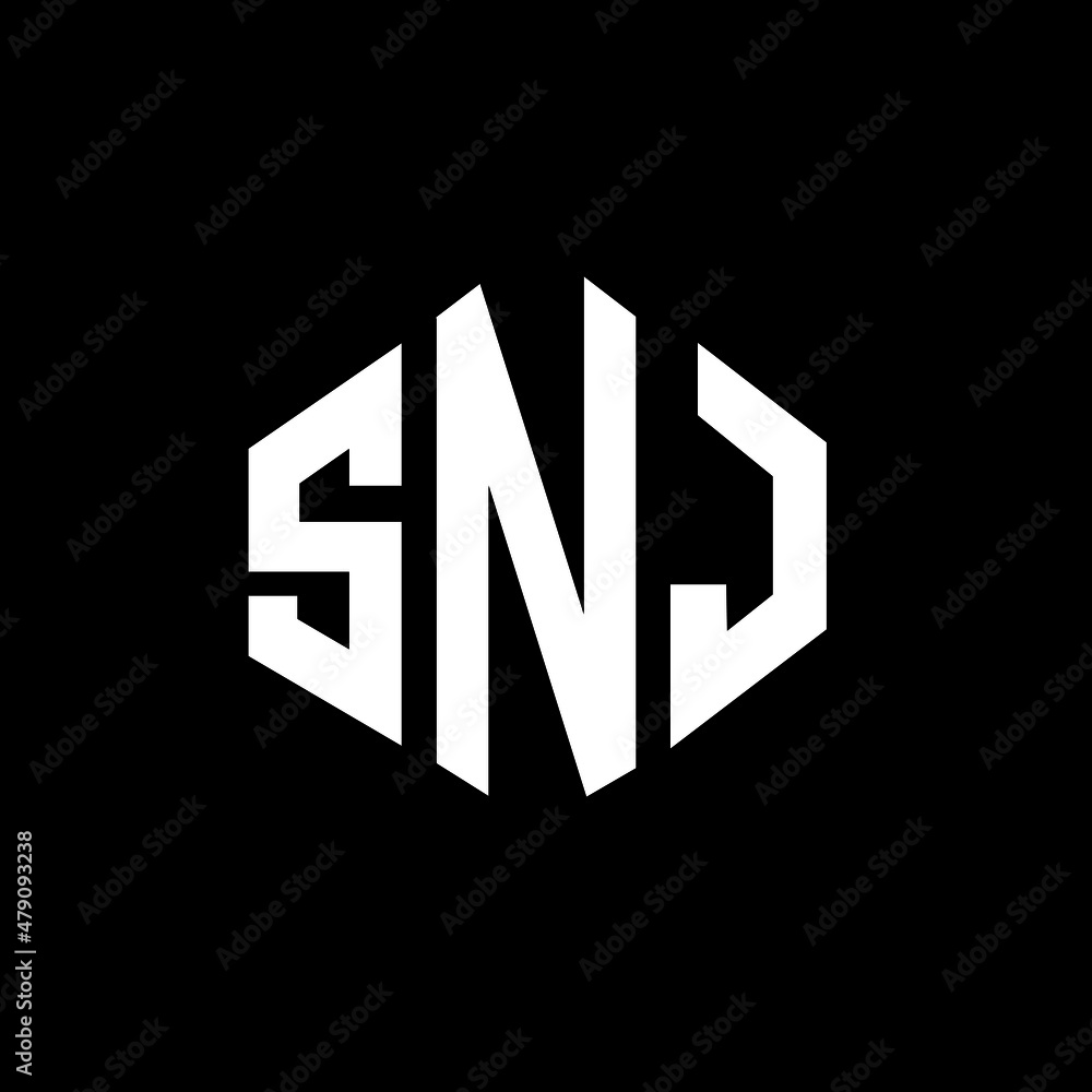 SNJ letter logo design with polygon shape. SNJ polygon and cube shape logo design. SNJ hexagon vector logo template white and black colors. SNJ monogram, business and real estate logo.