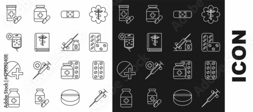 Set line Syringe, Pills blister pack, Bandage plaster, Medical book, IV bag, Medicine bottle pills and syringe with needle vial or ampoule icon. Vector