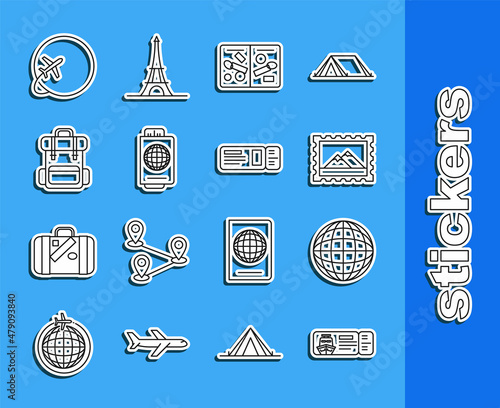 Set line Cruise ticket for traveling by ship, Earth globe, Postal stamp and Mountains, Passport pages with visa stamps, Hiking backpack, Globe flying plane and Travel icon. Vector
