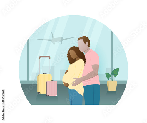 A pregnant African-American woman with her husband at the airport, the concept of flight and rest for expectant mothers. Vector illustration in a flat style