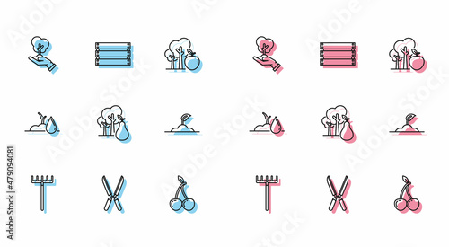 Set line Garden rake, Gardening handmade scissors for trimming, Tree of environmental protection, Cherry, with pears, Sprout, Watering sprout and Wooden box icon. Vector