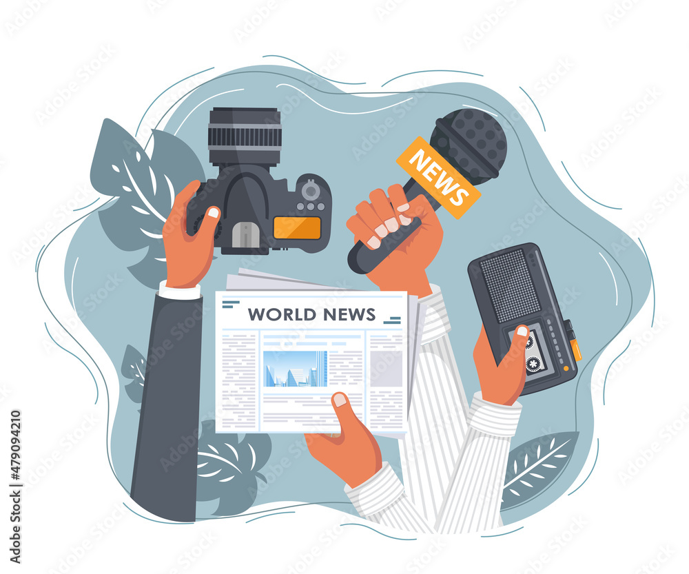 Journalism. Camera and photos. Mass media, television, interview