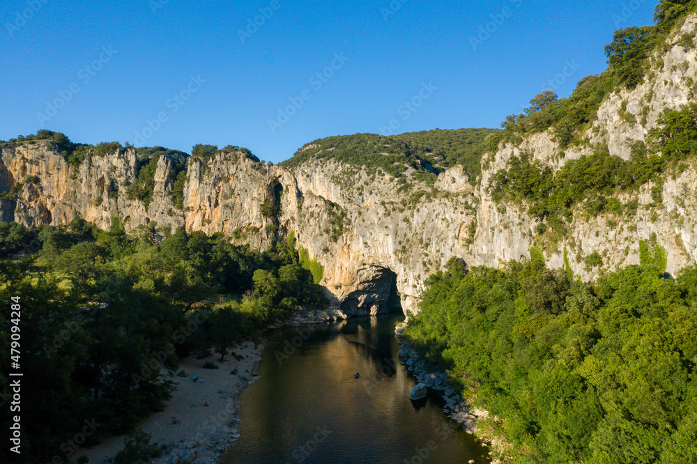 The panoramic view from Pont dArc in the Ardeche gorges in Europe, France, Ardeche, in summer, on a sunny day.
