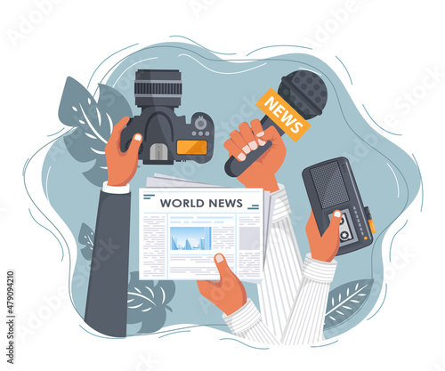 Journalism. Camera and photos. Mass media, television, interview, breaking news, press conference concept. Flat vector	
