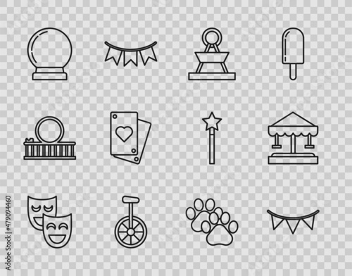 Set line Comedy theatrical masks, Carnival garland with flags, Attraction carousel, Unicycle or one wheel bicycle, Magic ball, Playing card, Paw print and icon. Vector