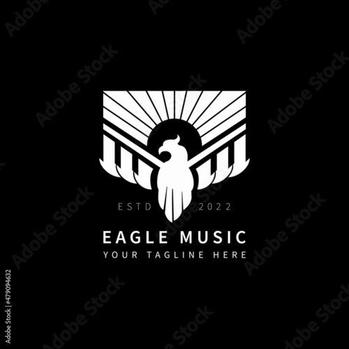 Music Logo. White Eagle and Piano Icon isolated on Black Background. Flat Vector Logo Design Template Element.