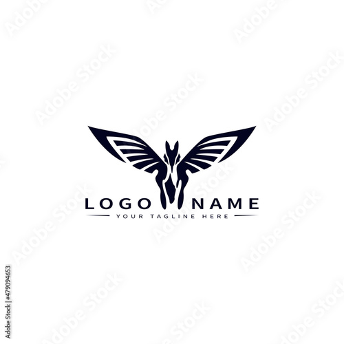 Pegasus Logo. Black Pegasus Horse isolated on White Background. Flat Vector Logo Design Template Element.