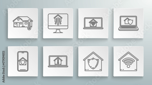 Set line Mobile phone with house under protection, Computer monitor smart home, Laptop temperature, House, Smart wi-fi, and icon. Vector