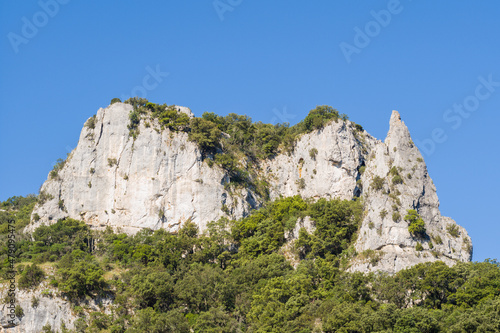 The rocky summit above the Gorges de lArdeche in Europe, France, Ardeche, in summer, on a sunny day.