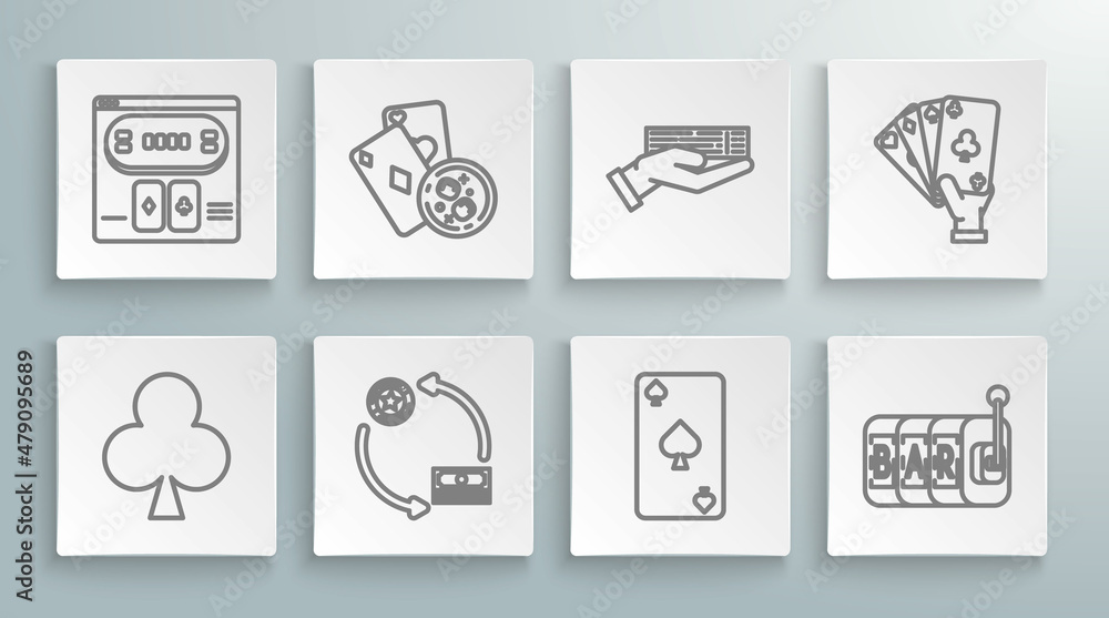 Set line Playing card with clubs symbol, Casino chips exchange on stacks dollars, spades, Slot machine, Hand holding deck playing, and Online poker table game icon. Vector Set line Playing card with clubs symbol, Casino chips exchange on stacks dollars, spades, Slot machine, Hand holding deck playing, and Online poker table game icon. Vector