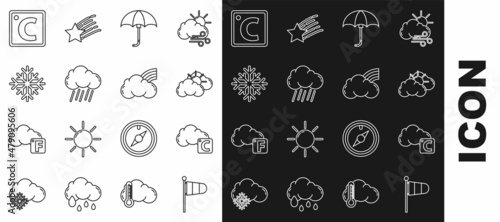 Set line Cone meteorology windsock wind vane, Celsius and cloud, Sun weather, Classic elegant opened umbrella, Cloud with rain, Snowflake, and Rainbow clouds icon. Vector