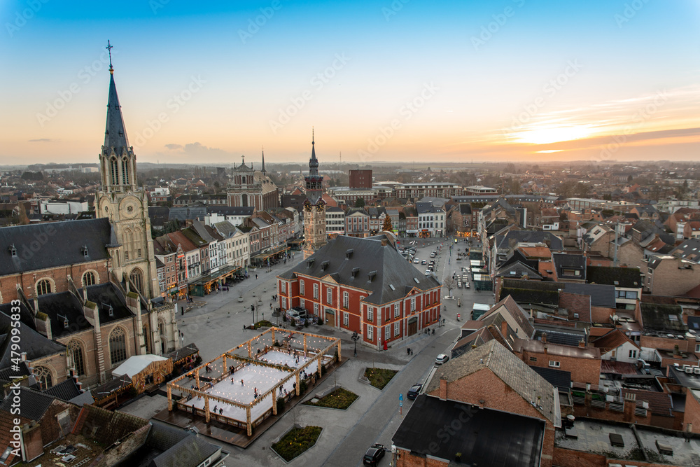 A breathtaking panorama over the city, region and Grote Markt of Sint-Truiden. A city and municipality in the Belgian province of Limburg. Photo was taken from the 65 meter high Abdijtower.