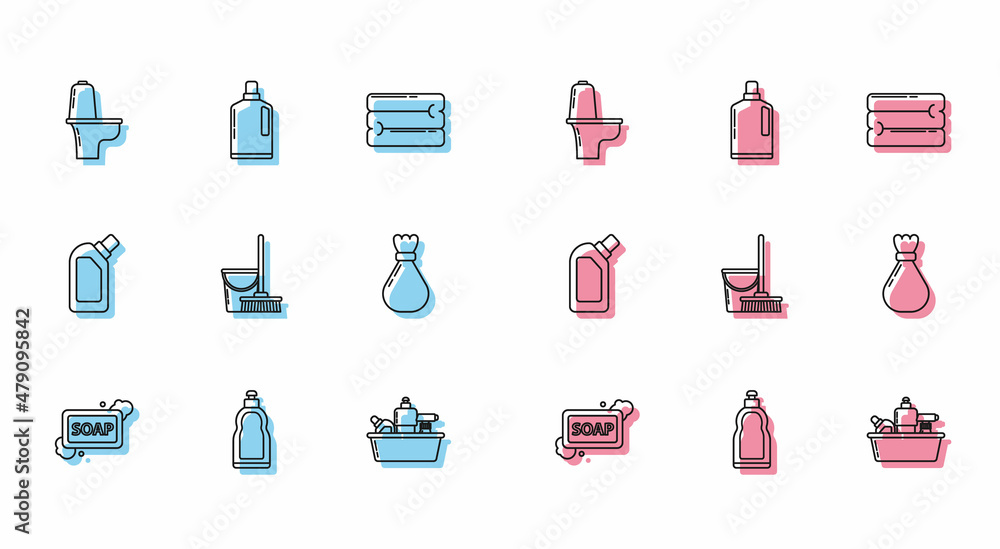Set line Bar of soap with foam, Plastic bottles for liquid dishwashing  liquid, Toilet bowl, Mop and bucket, Garbage bag, and icon. Vector Stock  Vector | Adobe Stock
