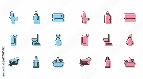 Set line Bar of soap with foam, Plastic bottles for liquid dishwashing liquid, Toilet bowl, Mop and bucket, Garbage bag, and icon. Vector