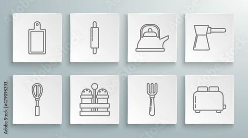 Set line Kitchen whisk, Rolling pin, Salt and pepper, Fork, Toaster with toasts, Kettle handle, Coffee turk and Cutting board icon. Vector