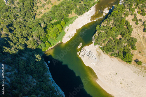 The meanders of the river in the middle of the Gorges de lArdeche in Europe, France, Ardeche, in summer, on a sunny day.