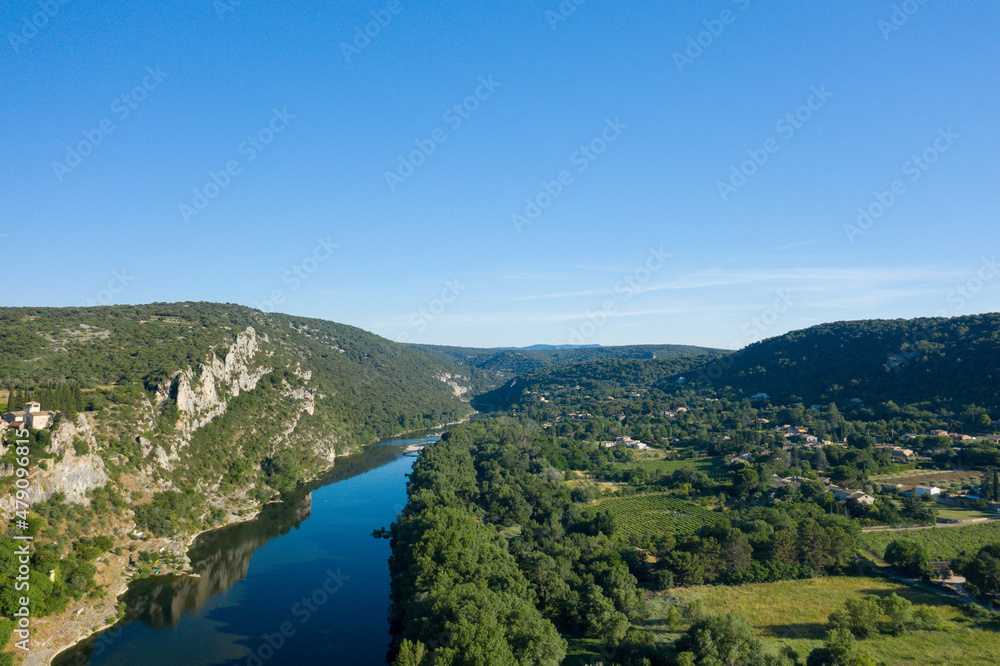 The town of Aigueze above the Ardeche in Europe, France, Ardeche, in summer, on a sunny day.