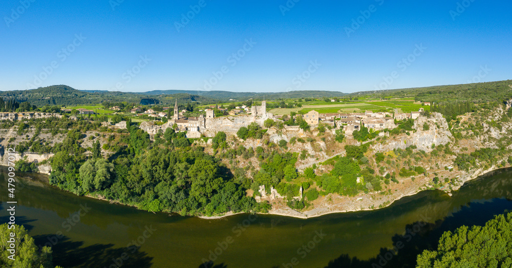 The panoramic view of the Ardeche and the town of Aigueze in Europe, France, Ardeche, in summer, on a sunny day.
