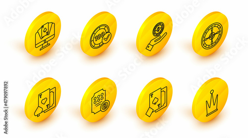 Set line Crown, Playing card with spades, Online slot machine, heart, Casino roulette wheel, Hand holding casino chips, and poker table game icon. Vector