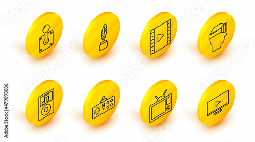 Set line Online play video, Television, Gamepad, Music player, Virtual reality glasses, Play Video, Feather and inkwell and Joystick for arcade machine icon. Vector