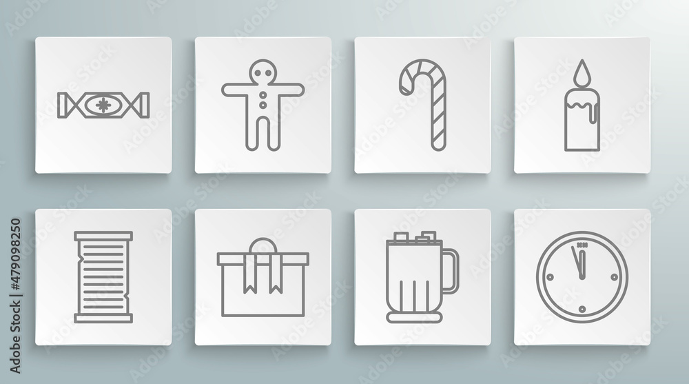 Set line Christmas wish list template, Holiday gingerbread man cookie, Gift box, Hot chocolate cup with marshmallows, Clock, candy cane stripes, Burning candle candlestick and Candy icon. Vector Set line Christmas wish list template, Holiday gingerbread man cookie, Gift box, Hot chocolate cup with marshmallows, Clock, candy cane stripes, Burning candle candlestick and Candy icon. Vector