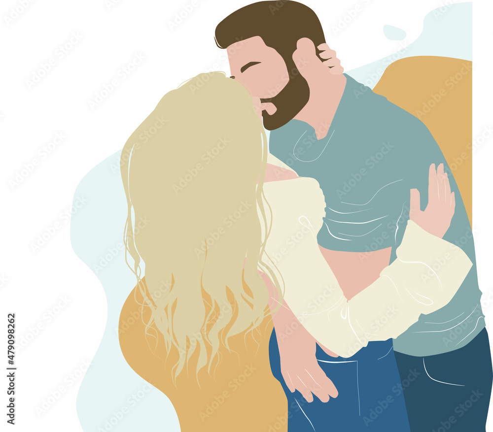 Obraz premium Lovers hug and kiss. Romantic couple. Vector illustration