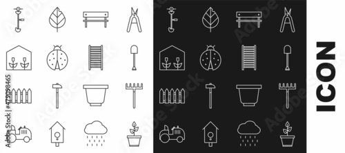 Set line Plant in pot, Garden rake, Shovel, Bench, Ladybug, Home greenhouse and plants, Grass weed electric string trimmer and Wooden staircase icon. Vector