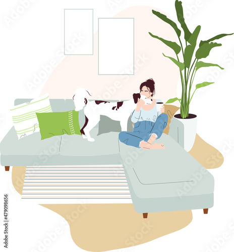 Dog with a girl on the couch. Spotted dog. The dog sniffs the cup. Cozy homely atmosphere. Decorative pillows, flowerpot. Digital vector illustration. Stay home