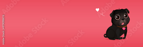 Greeting banner for Valentines Day with a cute pug and heart. Vector cartoon illustration.