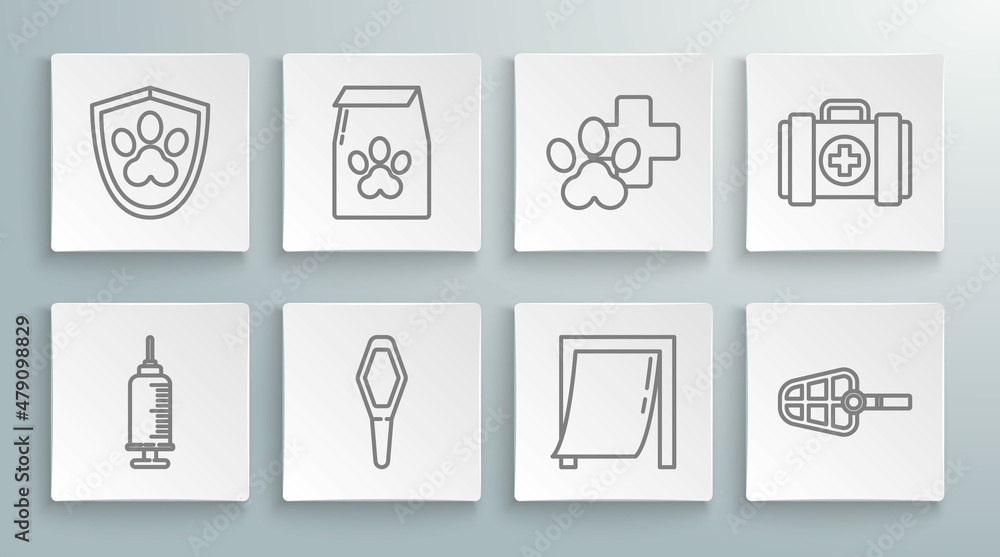 Set line Syringe with pet vaccine, Bag of food for, Pets vial medical, Door, Dog muzzle, Veterinary clinic symbol, first aid kit and Animal health insurance icon. Vector Set line Syringe with pet vaccine, Bag of food for, Pets vial medical, Door, Dog muzzle, Veterinary clinic symbol, first aid kit and Animal health insurance icon. Vector