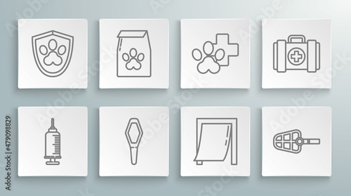 Set line Syringe with pet vaccine, Bag of food for, Pets vial medical, Door, Dog muzzle, Veterinary clinic symbol, first aid kit and Animal health insurance icon. Vector