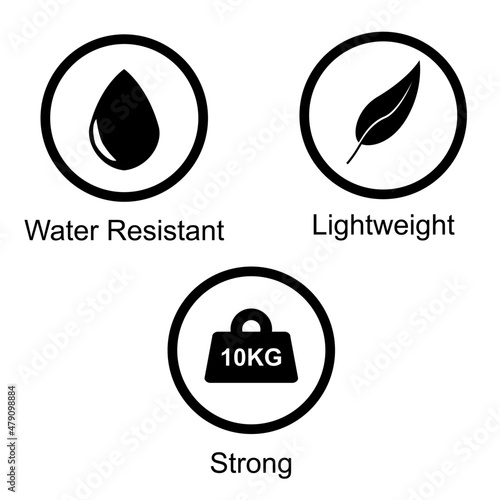 Simple Vector Set, 3 sign Water Resistant, Lightweight and Strong, isolated on white
