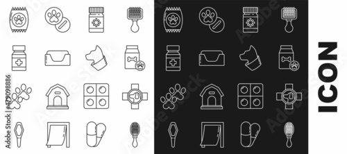 Set line Hair brush for dog and cat, Veterinary clinic symbol, Bag of food pet, Dog medicine bottle pills, Pet bed, and Cat icon. Vector