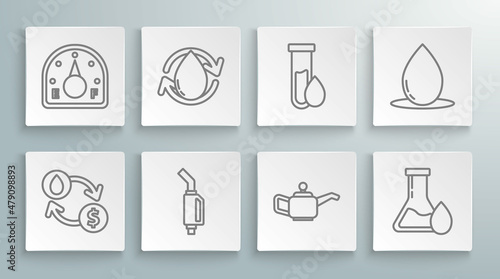 Set line Oil exchange, water transfer, convert, drop, Gasoline pump nozzle, Canister for motor machine oil, petrol test tube, and Motor gas gauge icon. Vector