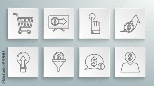 Set line Light bulb, Monitor with dollar, Lead management, Speech bubble, Business planning mind, Hand touch and tap gesture, Financial growth coin and Shopping cart icon. Vector