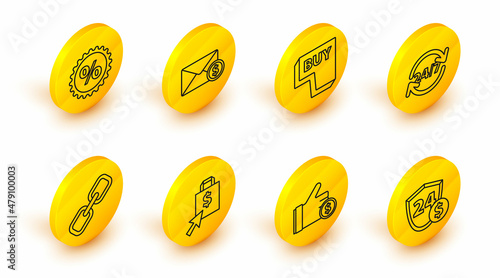 Set line Shield with dollar, Hand holding coin, Shoping bag, Chain link, Clock 24 hours, Buy button, Envelope and Discount percent tag icon. Vector