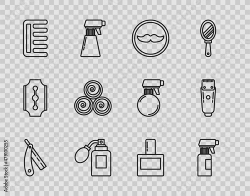 Set line Straight razor, Hairdresser pistol spray bottle, Mustache, Aftershave with atomizer, Hairbrush, Towel rolls, and Electrical hair clipper shaver icon. Vector