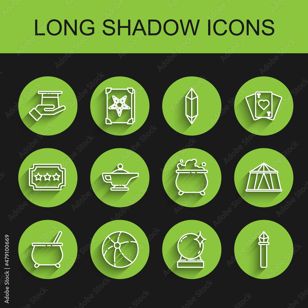 Set line Witch cauldron, Beach ball, Magician hat in hand, staff, lamp or Aladdin, Circus tent and icon. Vector Set line Witch cauldron, Beach ball, Magician hat in hand, staff, lamp or Aladdin, Circus tent and icon. Vector