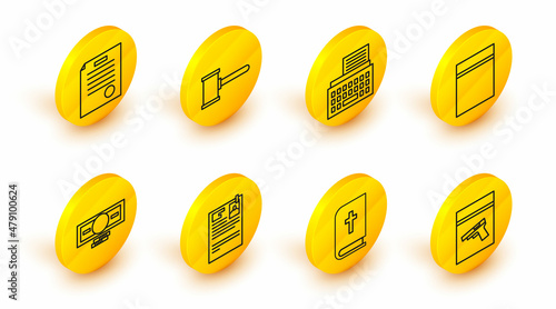 Set line Evidence bag and pistol or gun, Holy bible book, Lawsuit paper, Stacks money cash, Plastic with ziplock, Retro typewriter, Judge gavel and The arrest warrant icon. Vector