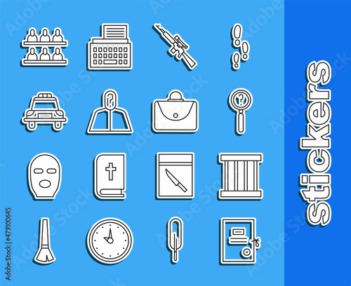 Set line Lawsuit paper, Prison window, Magnifying glass with search, Sniper rifle scope, Anonymous question mark, Police car and flasher, Jurors and Briefcase icon. Vector