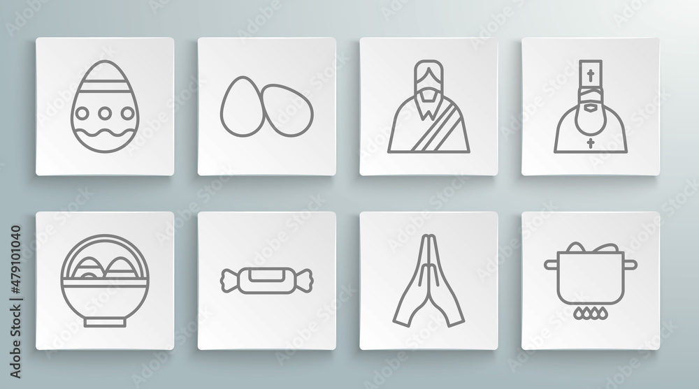 Set line Basket with easter eggs, Easter, Candy, Hands in praying position, Egg hot pot, Jesus Christ, Priest and icon. Vector Set line Basket with easter eggs, Easter, Candy, Hands in praying position, Egg hot pot, Jesus Christ, Priest and icon. Vector