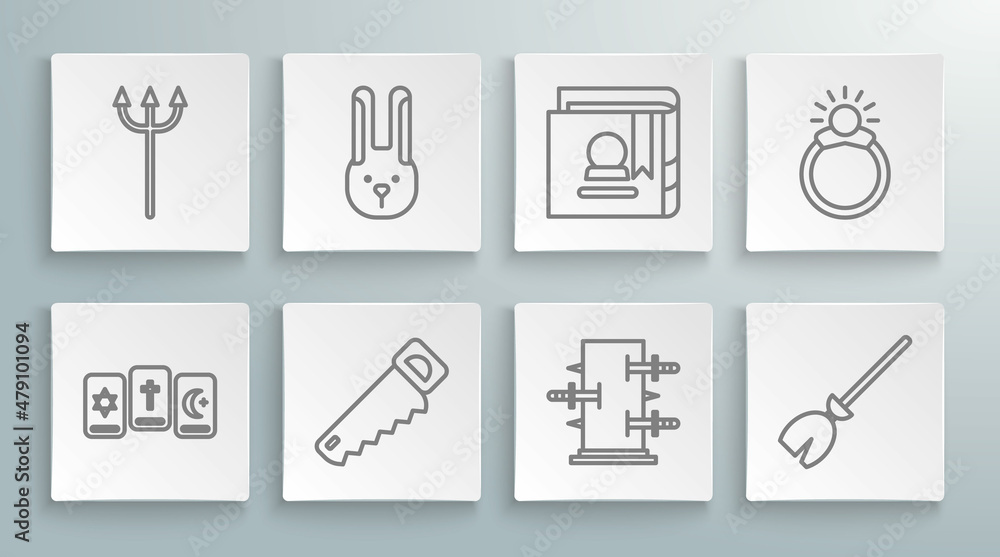 Set line Three tarot cards, Rabbit with ears, Hand saw, Trunk for magic tricks, Witches broom, Ancient book, Magic stone ring gem and Neptune Trident icon. Vector Set line Three tarot cards, Rabbit with ears, Hand saw, Trunk for magic tricks, Witches broom, Ancient book, Magic stone ring gem and Neptune Trident icon. Vector