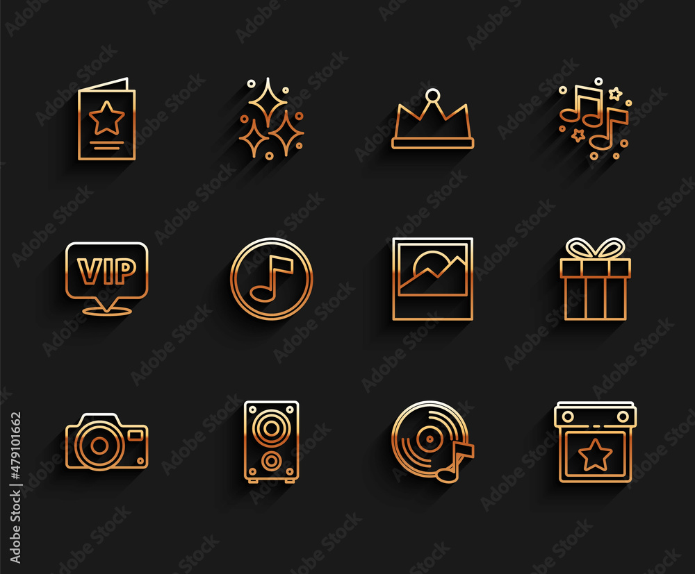 Set line Photo camera, Stereo speaker, Greeting card, Vinyl disk, Calendar party, Music note, tone, Gift box and icon. Vector Set line Photo camera, Stereo speaker, Greeting card, Vinyl disk, Calendar party, Music note, tone, Gift box and icon. Vector