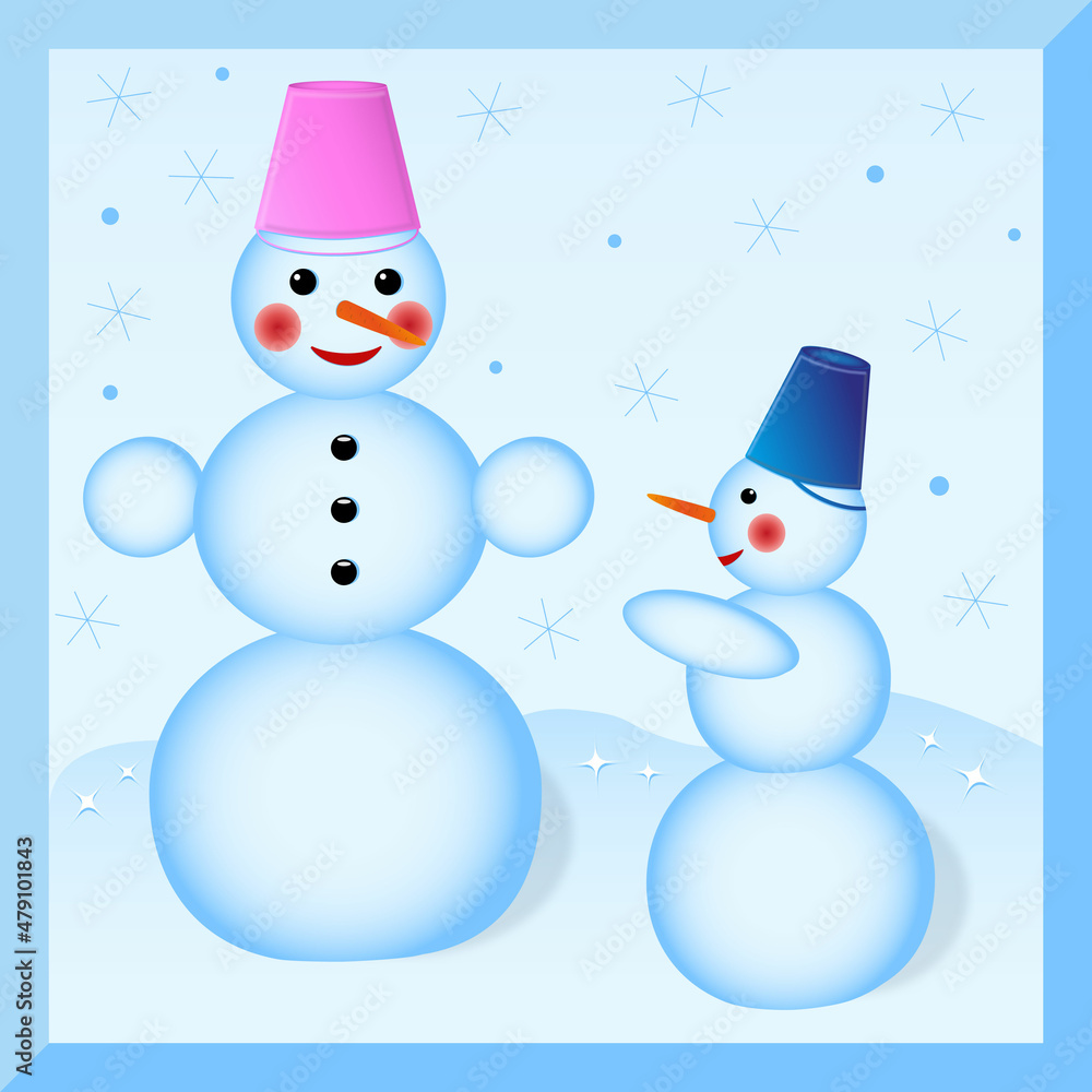 Two cute positive snowmen: big and small, like mom and son.